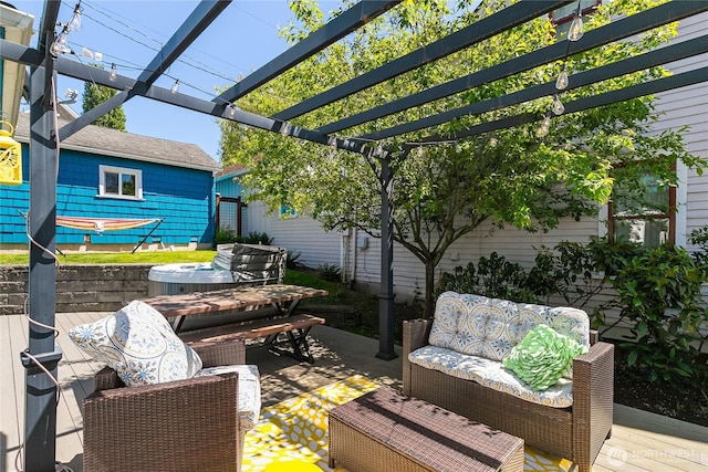 805 11th St, Bellingham, WA 98225 - view of patio with an outdoor hot tub, a wooden deck, an outdoor living space, and a pergola