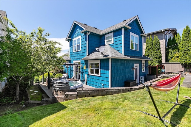 805 11th St, Bellingham, WA 98225 - rear view of house featuring a shingled roof, a lawn, and a wooden deck