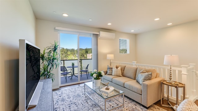 14528 35th Ave NE, Lake Forest Park, WA 98155 - living room featuring plenty of natural light, a wall mounted air conditioner, wood finished floors, and recessed lighting