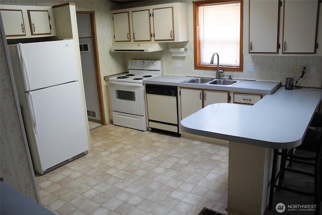 306 E 5th St, Lind, WA 99341 - kitchen featuring white appliances, a sink, ventilation hood, a peninsula, and wallpapered walls