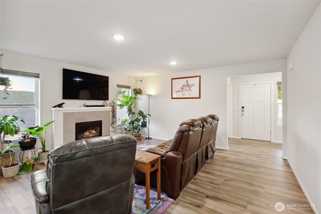 534 Gilbertson Ln SE, Olympia, WA 98501 - living area featuring light wood-style flooring, baseboards, a fireplace, and recessed lighting