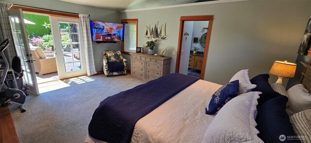 8145 Chehalis Rd, Blaine, WA 98230 - carpeted bedroom with access to outside, connected bathroom, and ornamental molding