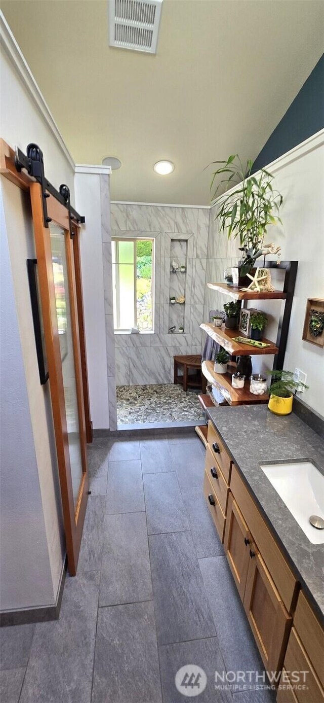 8145 Chehalis Rd, Blaine, WA 98230 - full bathroom featuring walk in shower, vanity, baseboards, and recessed lighting