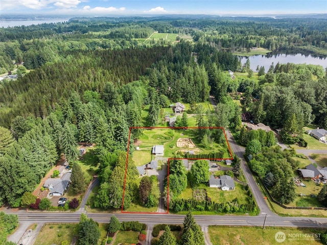 1804 36th Ave NE, Olympia, WA 98506 - aerial view of property and surrounding area featuring a forest, a nearby body of water, and property parcel outlined