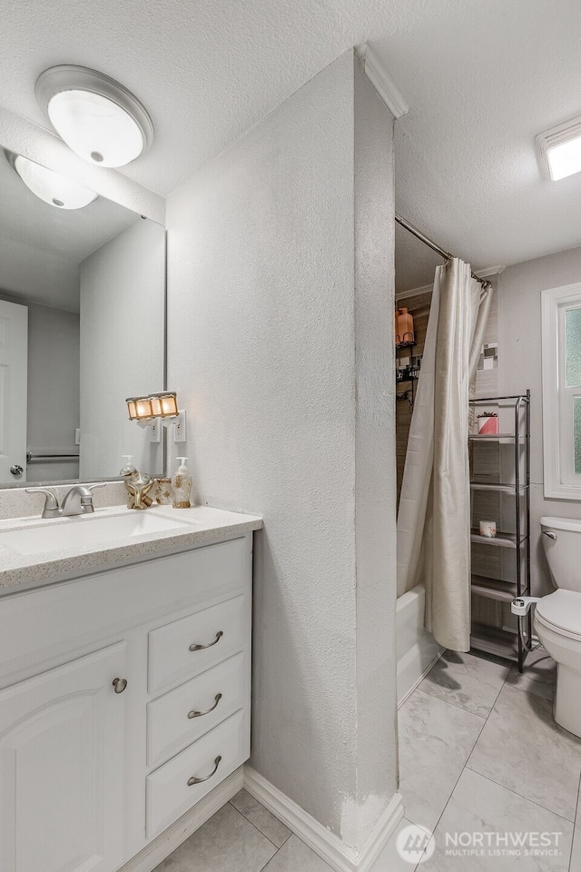 16210 118th Avenue Ct E, Puyallup, WA 98374 - full bath featuring toilet, vanity, a textured wall, a textured ceiling, and shower / tub combo with curtain