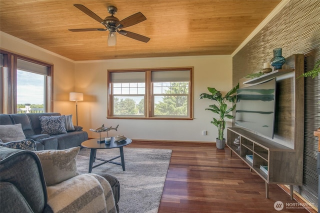 144 Sand Dune Ave SW, Ocean Shores, WA 98569 - living area with crown molding, wood ceiling, wood finished floors, a ceiling fan, and baseboards