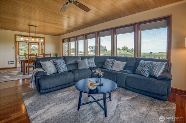 144 Sand Dune Ave SW, Ocean Shores, WA 98569 - living area with wood ceiling, baseboards, ceiling fan, and wood finished floors