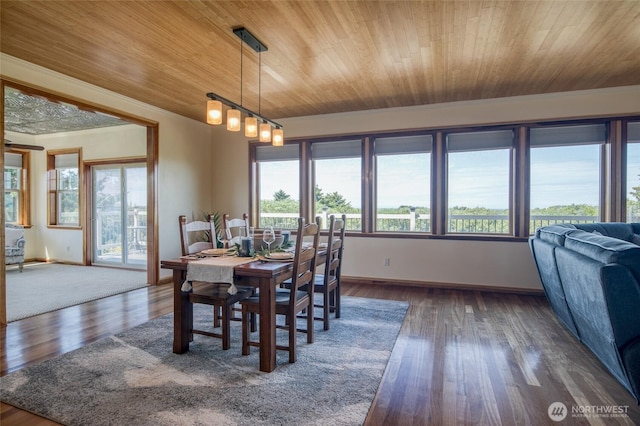 144 Sand Dune Ave SW, Ocean Shores, WA 98569 - dining room featuring wooden ceiling, baseboards, and dark wood-style flooring
