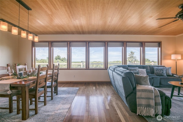144 Sand Dune Ave SW, Ocean Shores, WA 98569 - dining area with wooden ceiling, a ceiling fan, wood finished floors, and baseboards