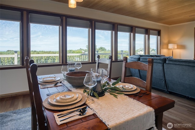 144 Sand Dune Ave SW, Ocean Shores, WA 98569 - dining area with wood finished floors, ornamental molding, and wooden ceiling