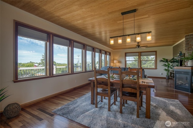144 Sand Dune Ave SW, Ocean Shores, WA 98569 - dining room with wood ceiling, baseboards, a ceiling fan, ornamental molding, and wood finished floors