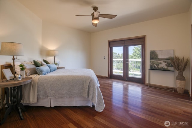 144 Sand Dune Ave SW, Ocean Shores, WA 98569 - bedroom featuring access to outside, dark wood finished floors, baseboards, and ceiling fan