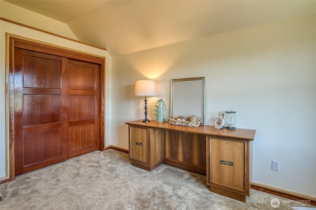 144 Sand Dune Ave SW, Ocean Shores, WA 98569 - office area with vaulted ceiling, carpet flooring, and baseboards
