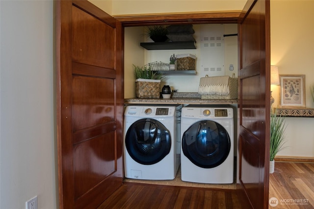 144 Sand Dune Ave SW, Ocean Shores, WA 98569 - washroom featuring washing machine and dryer and wood finished floors