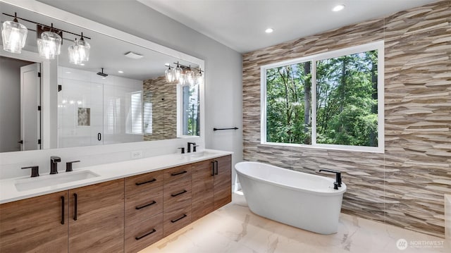 1542 213th Ct NE, Sammamish, WA 98074 - full bathroom featuring a shower stall, a freestanding tub, double vanity, recessed lighting, and marble finish flooring