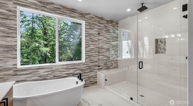 1542 213th Ct NE, Sammamish, WA 98074 - full bath featuring a stall shower, a soaking tub, marble finish flooring, tile walls, and recessed lighting