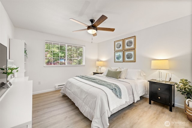 23311 Cedar Way Unit P201, Mountlake Terrace, WA 98043 - bedroom featuring a baseboard radiator, light wood finished floors, baseboards, and ceiling fan