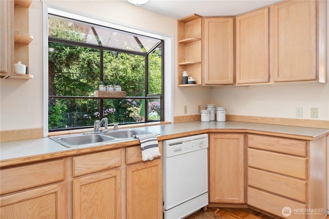 4404 Lopez St, Port Townsend, WA 98368 - kitchen featuring dishwasher, light brown cabinets, open shelves, and a sink