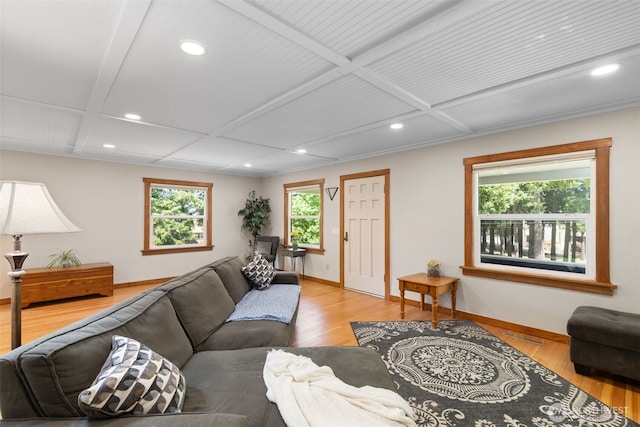 1010 Tacoma Ave, Port Orchard, WA 98366 - living room with coffered ceiling, wood finished floors, recessed lighting, baseboards, and beamed ceiling