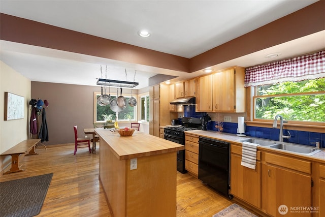1010 Tacoma Ave, Port Orchard, WA 98366 - kitchen with black appliances, a sink, under cabinet range hood, wood counters, and a center island