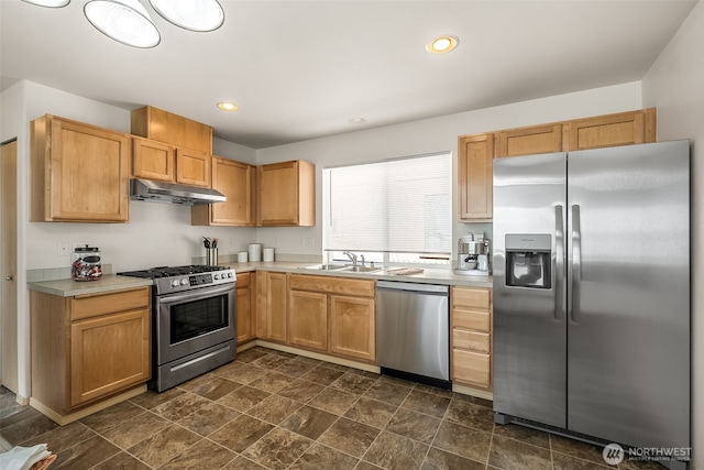 10049 17th Ave SW, Seattle, WA 98146 - kitchen featuring appliances with stainless steel finishes, under cabinet range hood, a sink, light countertops, and dark stone finish floors