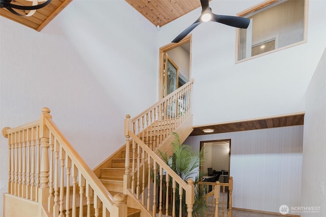 6511 27th Ln SE, Lacey, WA 98503 - staircase featuring a ceiling fan, a towering ceiling, and wood ceiling