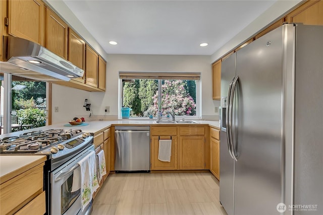 1102 SW 348th Pl, Federal Way, WA 98023 - kitchen with stainless steel appliances, a sink, under cabinet range hood, light countertops, and recessed lighting