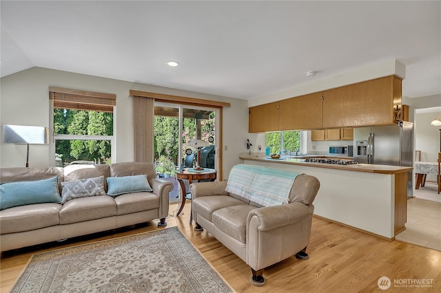 1102 SW 348th Pl, Federal Way, WA 98023 - living room featuring light wood-style floors, lofted ceiling, and recessed lighting