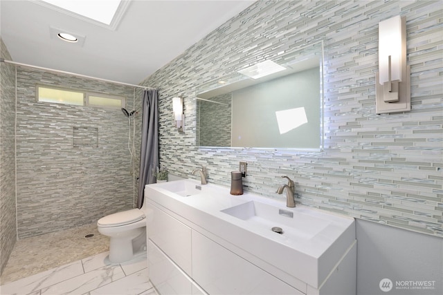 31012 151st Ave SE, Kent, WA 98042 - full bathroom with toilet, tile walls, a tile shower, double vanity, and marble look tiles