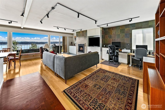 8005 Sand Point Way NE Unit A41, Seattle, WA 98115 - living area with track lighting, wood-type flooring, a desk, a water view, and a fireplace