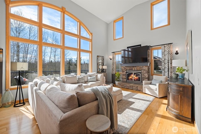367 E Silverado Ct, Bellingham, WA 98226 - living room featuring high vaulted ceiling, light wood-type flooring, and a fireplace