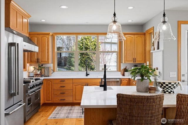 367 E Silverado Ct, Bellingham, WA 98226 - kitchen with premium appliances, light countertops, a sink, pendant lighting, and recessed lighting