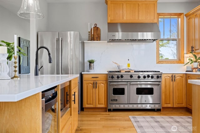 367 E Silverado Ct, Bellingham, WA 98226 - kitchen with appliances with stainless steel finishes, range hood, light wood finished floors, light countertops, and decorative backsplash