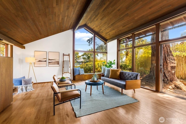 9539 Lake Shore Blvd NE, Seattle, WA 98115 - sunroom with wood finished floors, wooden ceiling with exposed beams, and high vaulted ceiling