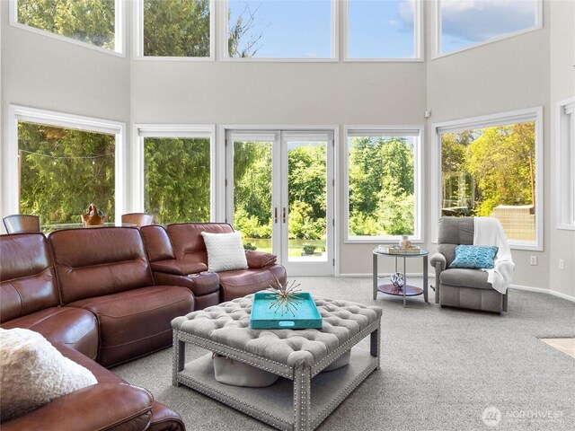 34214 102nd Ave S, Roy, WA 98580 - sunroom / solarium featuring a high ceiling, french doors, healthy amount of natural light, and carpet