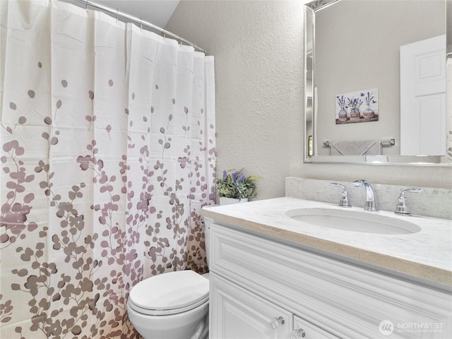 34214 102nd Ave S, Roy, WA 98580 - full bath featuring a textured wall, vanity, toilet, and a shower with shower curtain