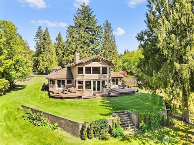 34214 102nd Ave S, Roy, WA 98580 - rear view of property with an outdoor living space, a wooden deck, a chimney, and a yard