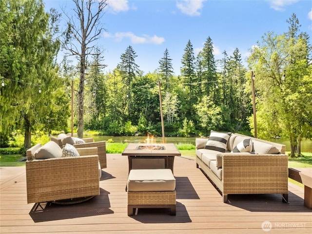 34214 102nd Ave S, Roy, WA 98580 - wooden deck featuring an outdoor living space with a fire pit