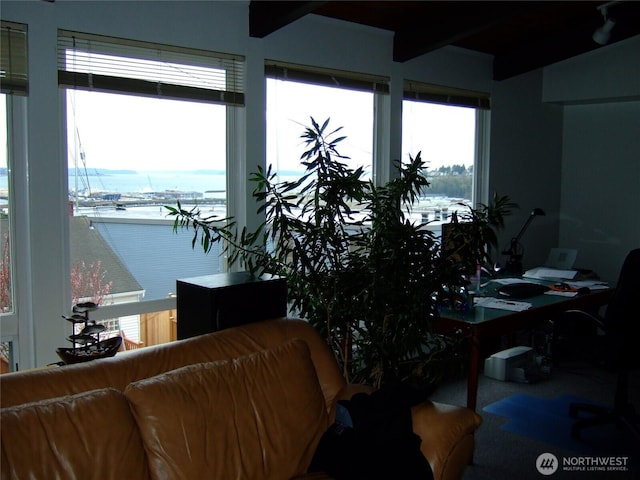 2513 13th Ave W, Seattle, WA 98119 - living area featuring beam ceiling and an office area