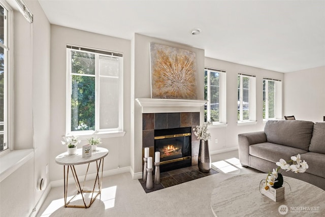 17432 Bothell Way NE Unit B302, Bothell, WA 98011 - living area featuring carpet floors, a tile fireplace, and healthy amount of natural light