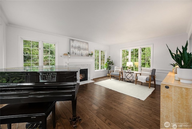 12925 206th Ave NE, Woodinville, WA 98077 - living area featuring crown molding, a fireplace with flush hearth, healthy amount of natural light, and dark wood-style flooring