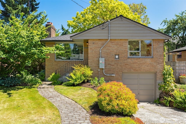 7008 25th Ave NE, Seattle, WA 98115 - bungalow with brick siding, an attached garage, a chimney, a front lawn, and driveway