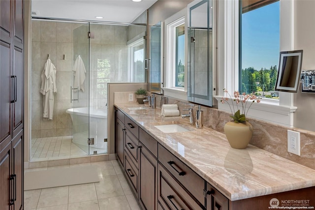 926 Olympic Ave, Edmonds, WA 98020 - full bathroom featuring double vanity, tile patterned flooring, a stall shower, and recessed lighting