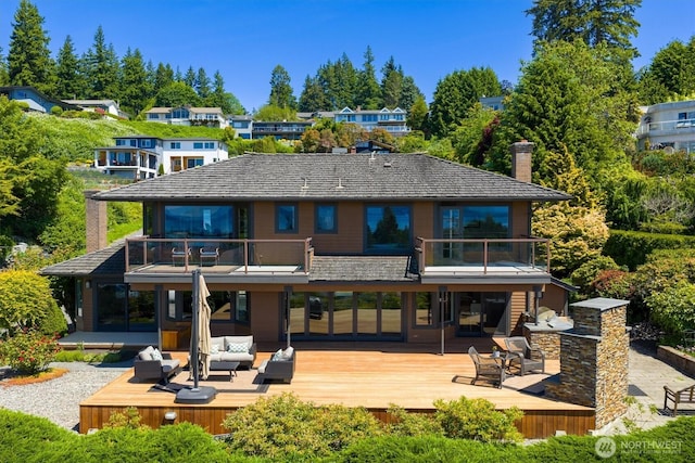 926 Olympic Ave, Edmonds, WA 98020 - rear view of house featuring a balcony, outdoor lounge area, a chimney, and a deck