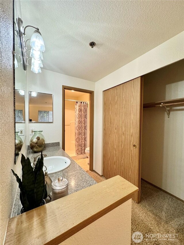28606 16th Ave S Unit 102, Federal Way, WA 98003 - full bathroom with vanity, a shower with shower curtain, a textured ceiling, and toilet
