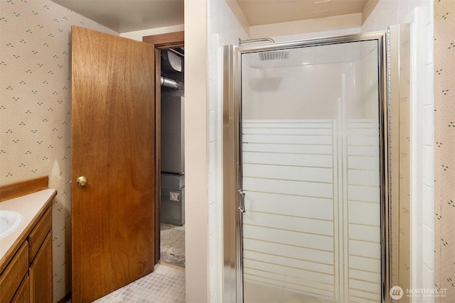 6522 42nd Ave NE, Seattle, WA 98115 - bathroom with vanity, a stall shower, and tile patterned flooring