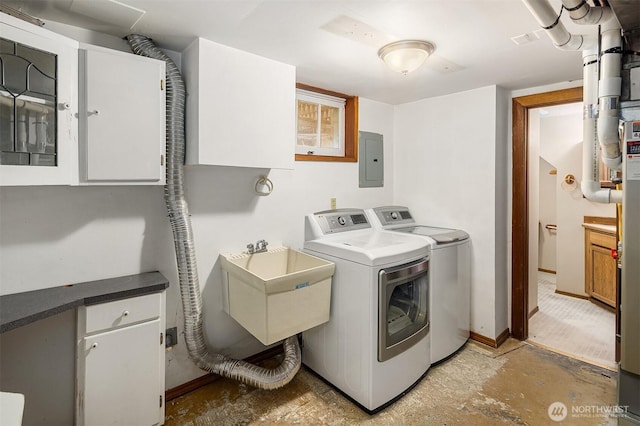 6522 42nd Ave NE, Seattle, WA 98115 - laundry room featuring electric panel, washer and dryer, cabinet space, and baseboards