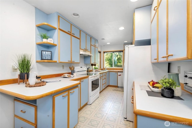 5810 E Mason Lake Dr W, Grapeview, WA 98546 - kitchen with white appliances, under cabinet range hood, light countertops, light flooring, and open shelves