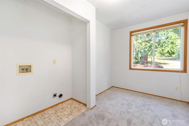 5810 E Mason Lake Dr W, Grapeview, WA 98546 - laundry room featuring carpet flooring, hookup for an electric dryer, washer hookup, and baseboards