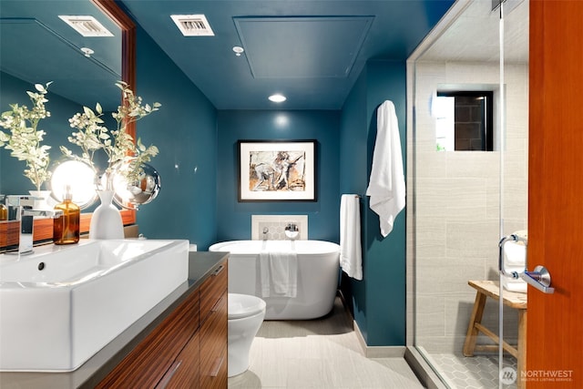 615 E Pike St Unit 306, Seattle, WA 98122 - bathroom featuring a freestanding bath, vanity, and a shower stall